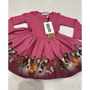 Molo Kids Pink Papillon Dog Butterfly Organic Cotton Long Sleeve Dress NWT